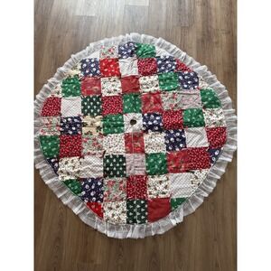 VTG Handmade Quilted Christmas Tree‎ Skirt Patchwork Cotton Lace 48" Reversible
